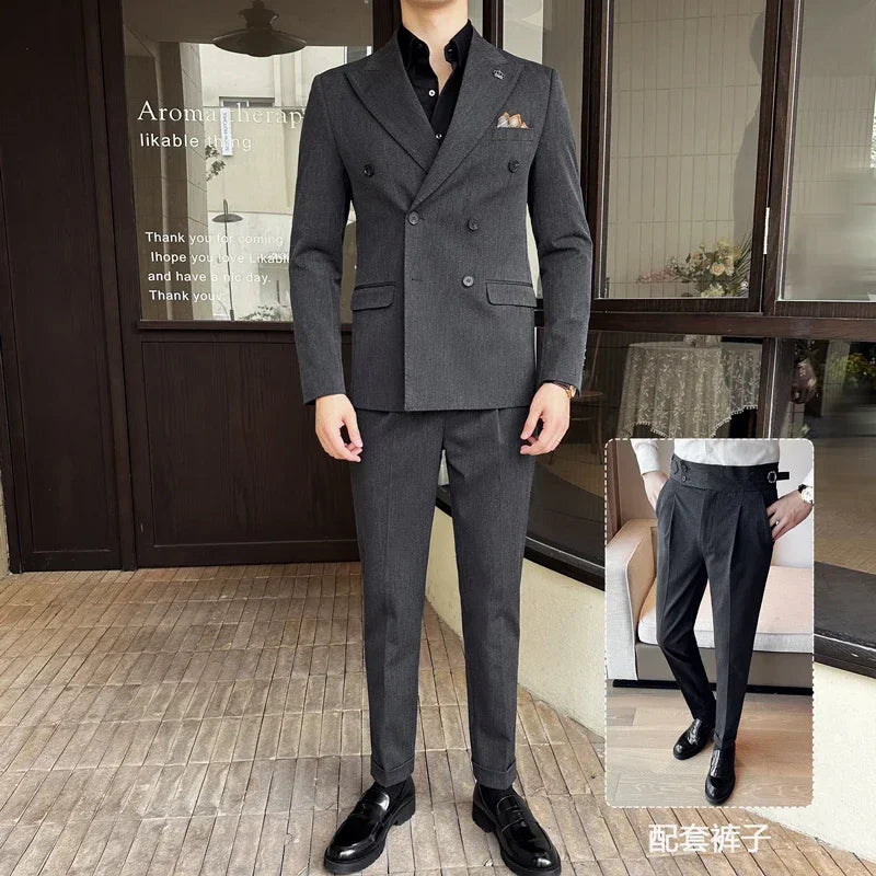 (Jackets+Pants) Luxury Double Breasted Design Slim Fit Suit High Quality Fashion Men's Wedding Social Suit Tuxedo 2 Piece Set