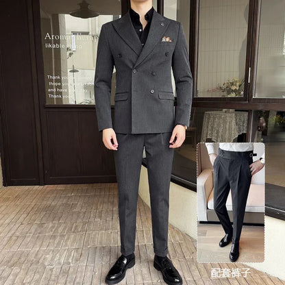 (Jackets+Pants) Luxury Double Breasted Design Slim Fit Suit High Quality Fashion Men's Wedding Social Suit Tuxedo 2 Piece Set