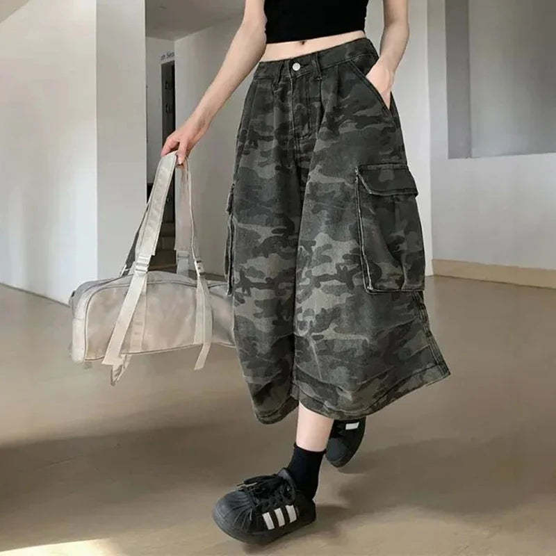 Vintage Baggy Cropped Jeans Pants Girls Fashion High Waist Denim Pants
