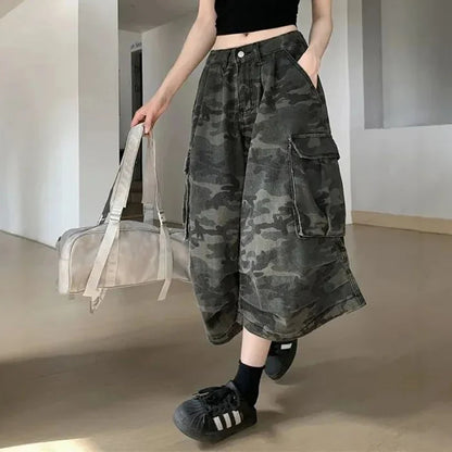 Vintage Baggy Cropped Jeans Pants Girls Fashion High Waist Denim Pants