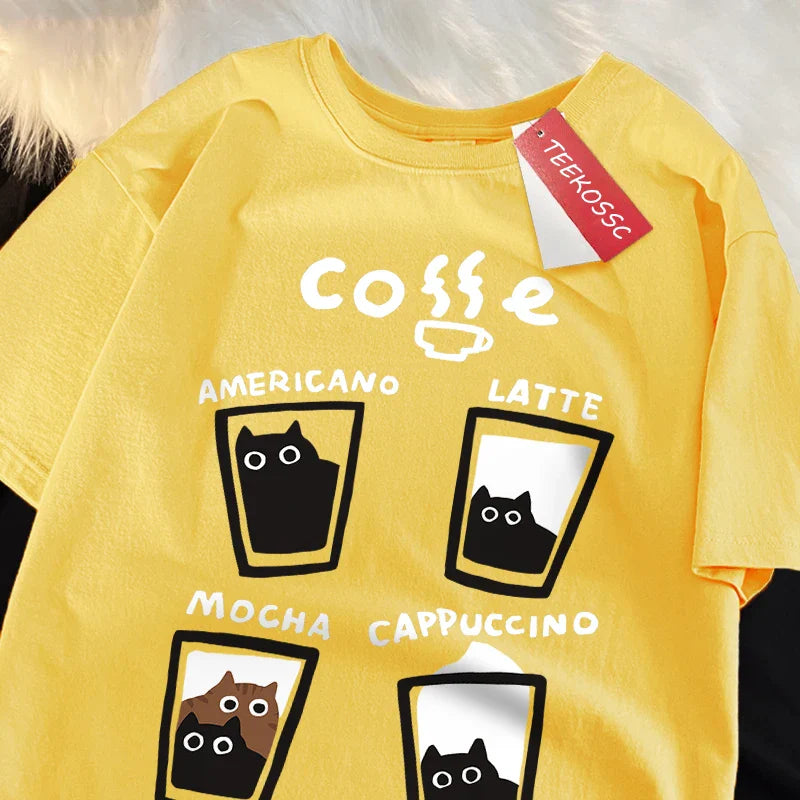 Fun Coffee Cat Japanese Style Men Women T-Shirts Oversize Tshirt Breathable Loose Short Sleeve Tee Clothes Cotton Streetwear