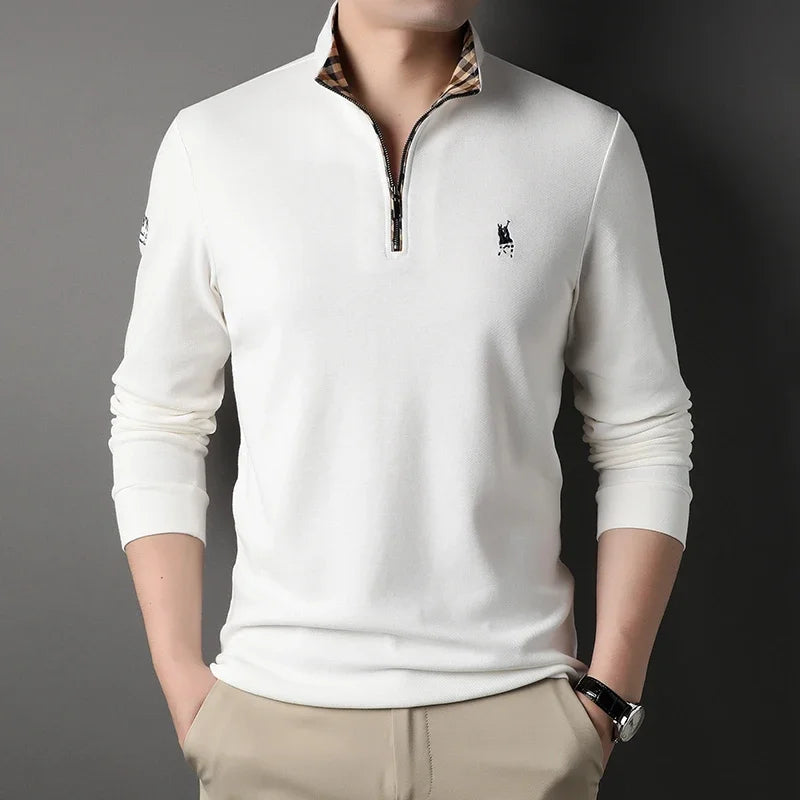 Luxury new Half Zipper Long Sleeve T-shirt 100% Cotton Brand Embroidered Stand Collar Men's Clothing Autumn Casual polo shirt