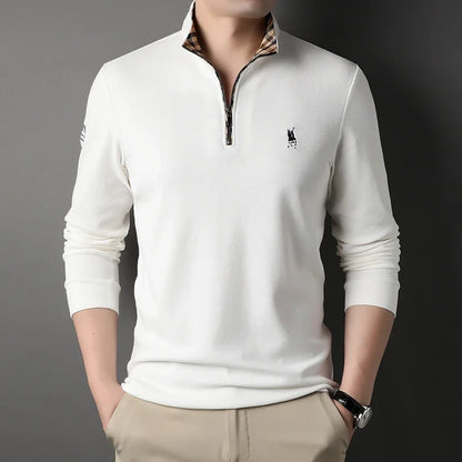 Luxury new Half Zipper Long Sleeve T-shirt 100% Cotton Brand Embroidered Stand Collar Men's Clothing Autumn Casual polo shirt