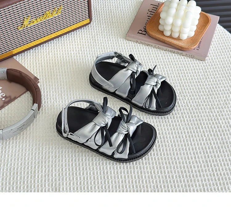 2026 Summer Girls Princess Sandals with Double Bow-knots Soft Fashion Classic Kids Summer Beach Shoes Open Toes Sweet Anti-skid