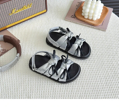2026 Summer Girls Princess Sandals with Double Bow-knots Soft Fashion Classic Kids Summer Beach Shoes Open Toes Sweet Anti-skid