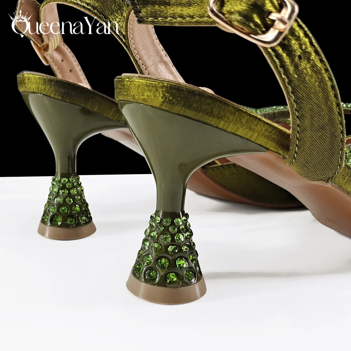 New Arrival Fashionable Olive Color Diamond Decorative Party Wedding Pointed Toe Women's High Heels and Bag Set