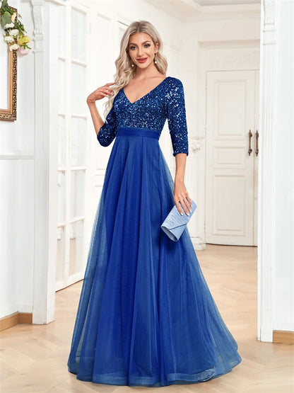 Luxury Floor Length V-Neck Evening Dress 2025 Women Elegant Party Maxi Dress Sequin Short Sleeves Prom Cocktail Gown