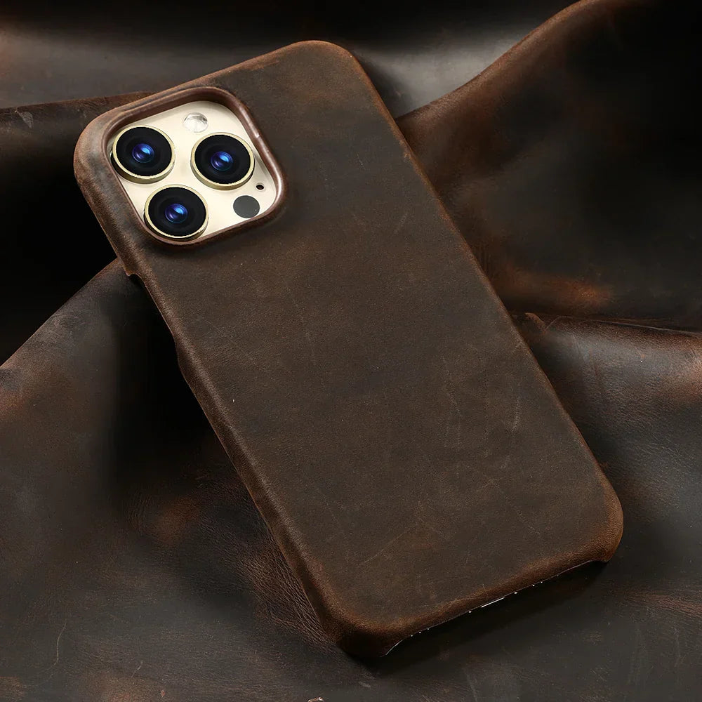 Magsafe Case for iPhone 15 16 17 Pro Max Air Retro Luxury Full Grain Cowhide Genuine Oiled PULL-UP Leather Magnetic Cover