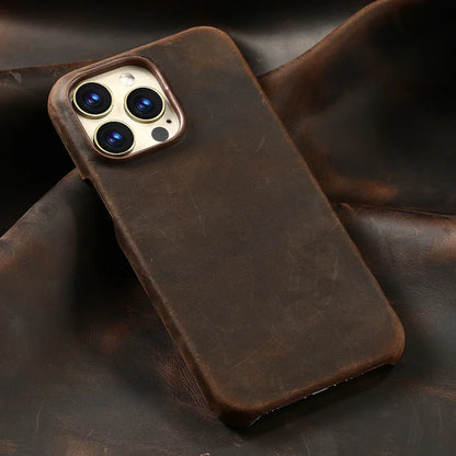 Magsafe Case for iPhone 15 16 17 Pro Max Air Retro Luxury Full Grain Cowhide Genuine Oiled PULL-UP Leather Magnetic Cover