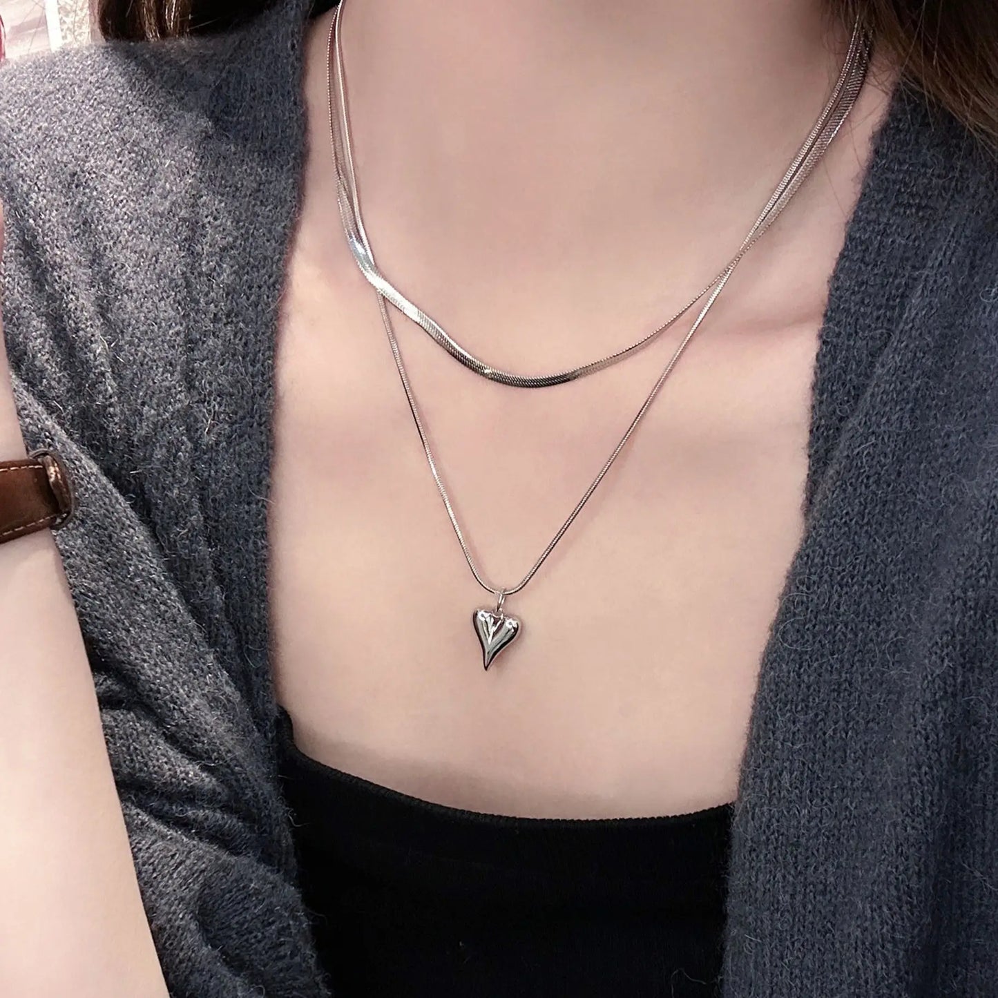 LATS Double Layered Love Heart Pendant Necklace for Women Silver Color Simple Neck Chain Choker Fashion Jewelry Birthday Gifts