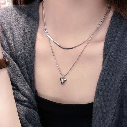 LATS Double Layered Love Heart Pendant Necklace for Women Silver Color Simple Neck Chain Choker Fashion Jewelry Birthday Gifts