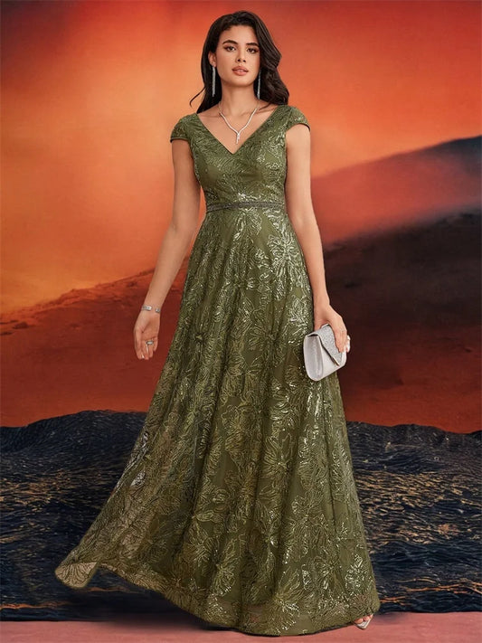 New Luxury V-Neck Beading Green Sequins Evening Dresses Elegant Long Women V-back Wedding Party Long Prom Cocktail  Gowns
