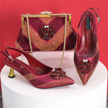 Italian Design Rhinestone Luxury Green Colour Pointed Toe Shoe & Bag Set Women's High Heels for Parties High Quality
