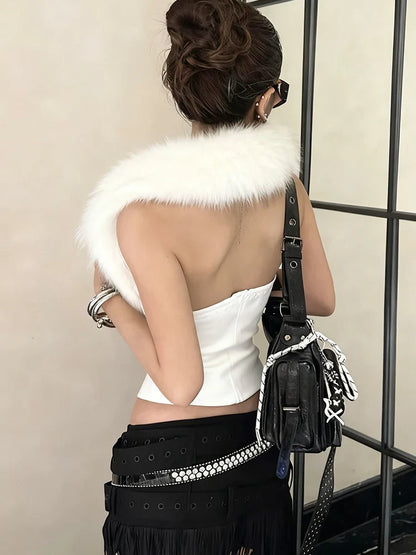 Furry Patchwork Sexy Tank Top Women Y2K Halter Backless Shirring Sleeveless Stretch Coquette Midnight Party Clubwear