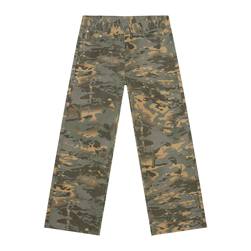 Tide Camouflage Jeans Men's Ins Loose Straight Wide Leg Casual Denim Pants Loose Male Trousers 12C2036