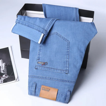 Denim Jeans For Men Blue Straight Stretch Cotton Pants Business Casual Lightweight Trousers Spring Summer
