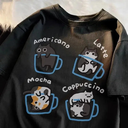 Camiseta Estampada de Café com Gato Feminina Verão Nova Gola Redonda Gato Fofo Casual Roupa de Verão Moda Gráfica Camisetas Y2K Top Vintage