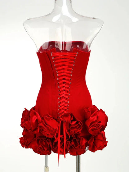 Christmas Dress Strapless Backless Red Structured Floral Embellished Mini Length Bodycon Celebrity Party Cocktail Dress