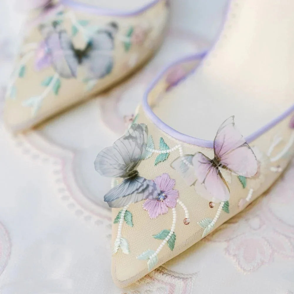 Butterfly High Heel Pumps Women Purple Mesh Pointed Toe Stiletto Heel Garden Party Shoes Ladies Wedding Shoes