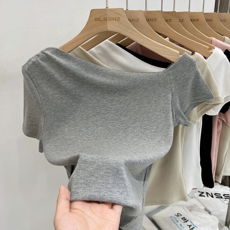 Womens Long Sleeve Off Shoulder T Shirts 2026 Tight Knit Sexy Slim Fitted Casual Women's Basic Tops Cropped T-Shirt