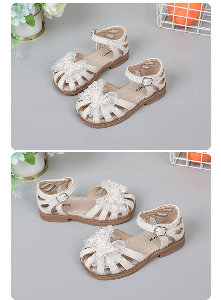 Shine Children Sandals for Girls Butterfly Cute Designer Kids Shoes Peep-toe Korean Style 2023 Summer New Soft Breatheable Chic