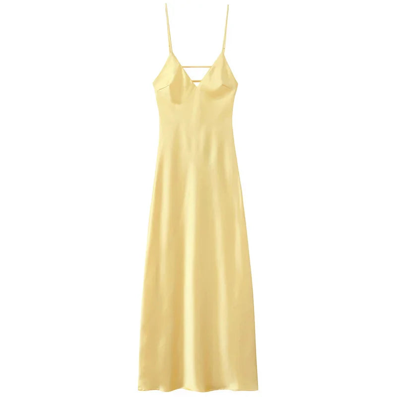 Womens Yellow Slip Dress Summer 2025 Woman Satin V-Neck Party Dresses Elegant Evening Sleeveless Backless Long Vestidos 066