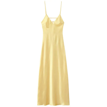 Womens Yellow Slip Dress Summer 2025 Woman Satin V-Neck Party Dresses Elegant Evening Sleeveless Backless Long Vestidos 066