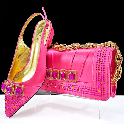 Italian Olive Pumps and Bag for Party 2024 INS Style Pointed-Toe Rhinestone Elegant Low Heels Wedge for Wome