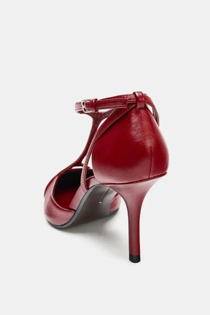 Sexy Pointed Toe Patent Leather Pumps Women Elegant Ankle Strap Buckle Design Thin High Heels for Ladies Party Wedding Shoes