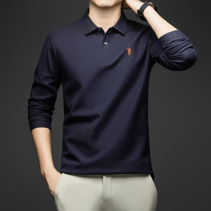 100% Pure Cotton Men's Long Sleeved Polo Shirt, Collar T-shirt, Spring and Autumn Top, No Ironing, Wrinkle Resistant Embroidery