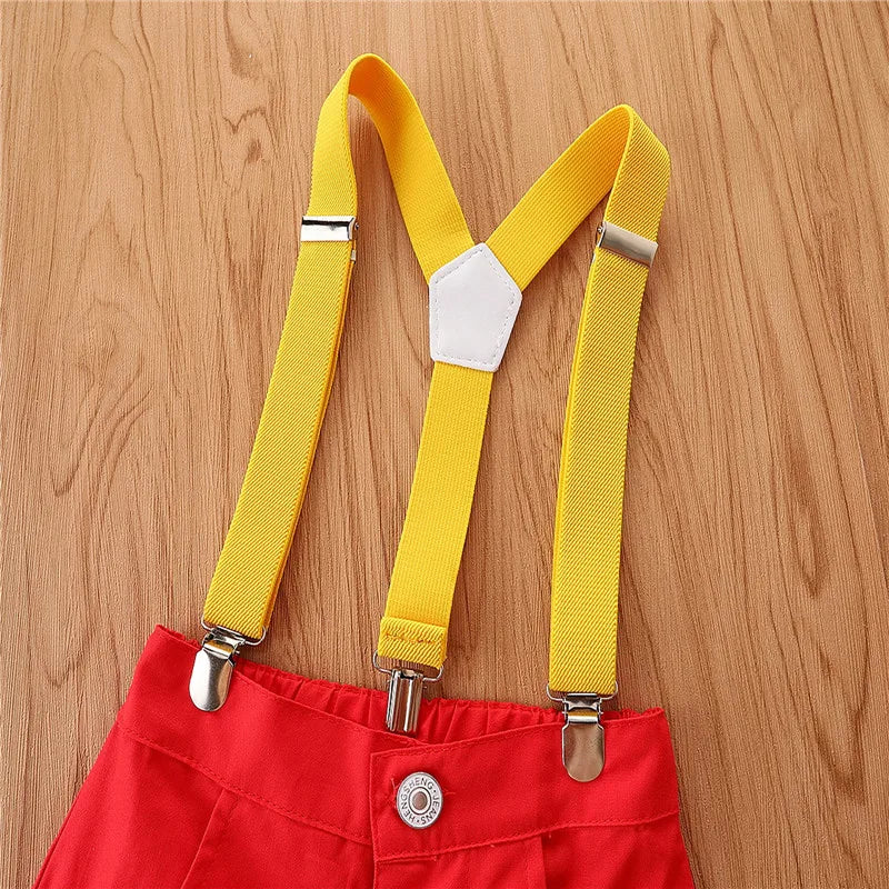 1-5years Toddler Boys Gentleman Suits Summer Short Sleeve Bowtie Lapel Shirt + Bib Shorts Set Kids Boys Summer Casual Sets