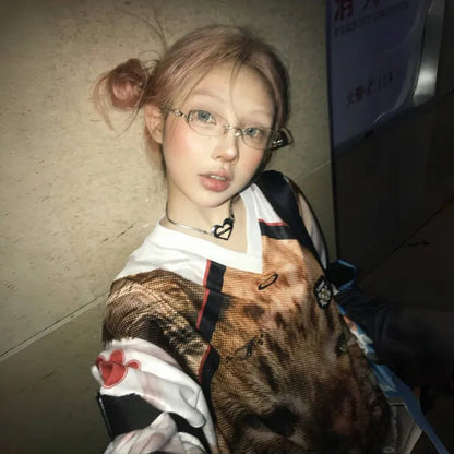 Japanese Y2k Kitten Print Jersey T-shirt Vintage Harajuku V-neck Long Sleeve Cat Tops American Retro Streetwear 2000s