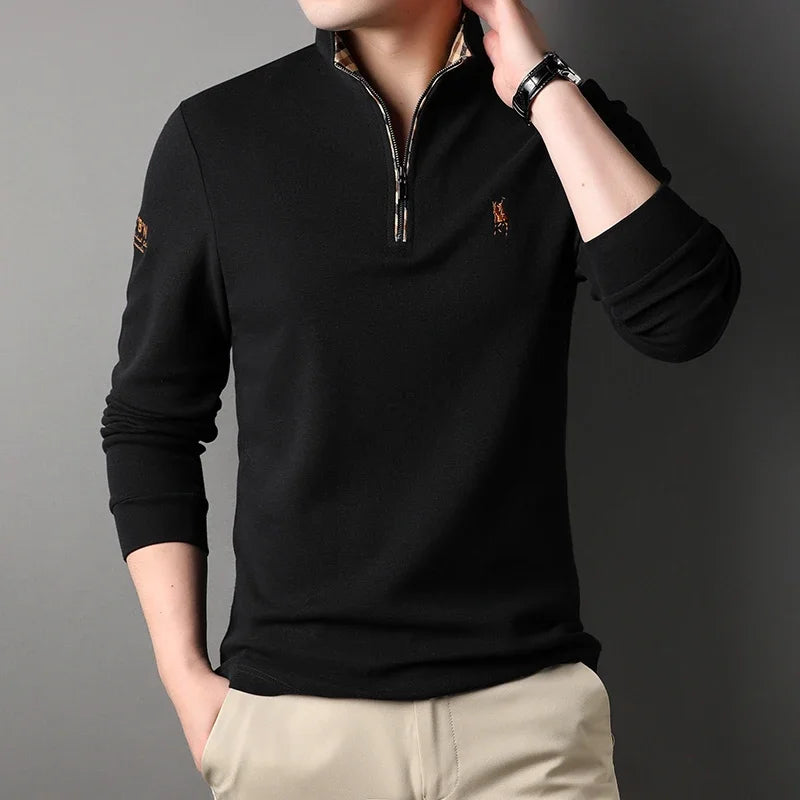 Luxury new Half Zipper Long Sleeve T-shirt 100% Cotton Brand Embroidered Stand Collar Men's Clothing Autumn Casual polo shirt