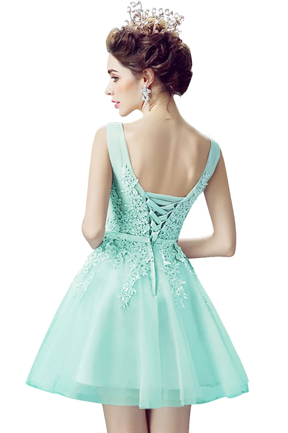 Mint Green Embroidery Lace-up Prom Dress V Neck Bridesmaid Dress Appliques Wedding Dress  Cocktail Dress vestidos para mujer