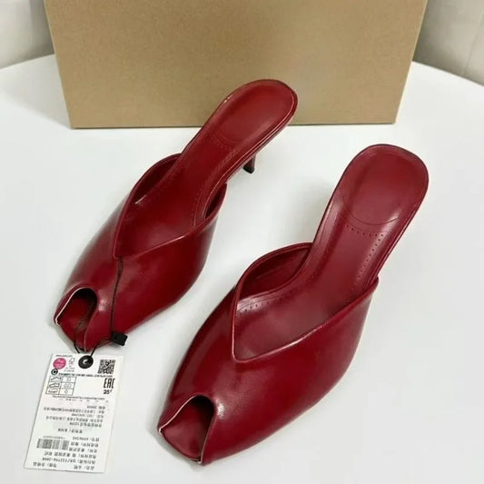 Brand Peep Toe Women High Heeled Sandals Patent Leather Banquets Designer Stilettos Big Size Elegant Sexy Ladies Mules Shoes