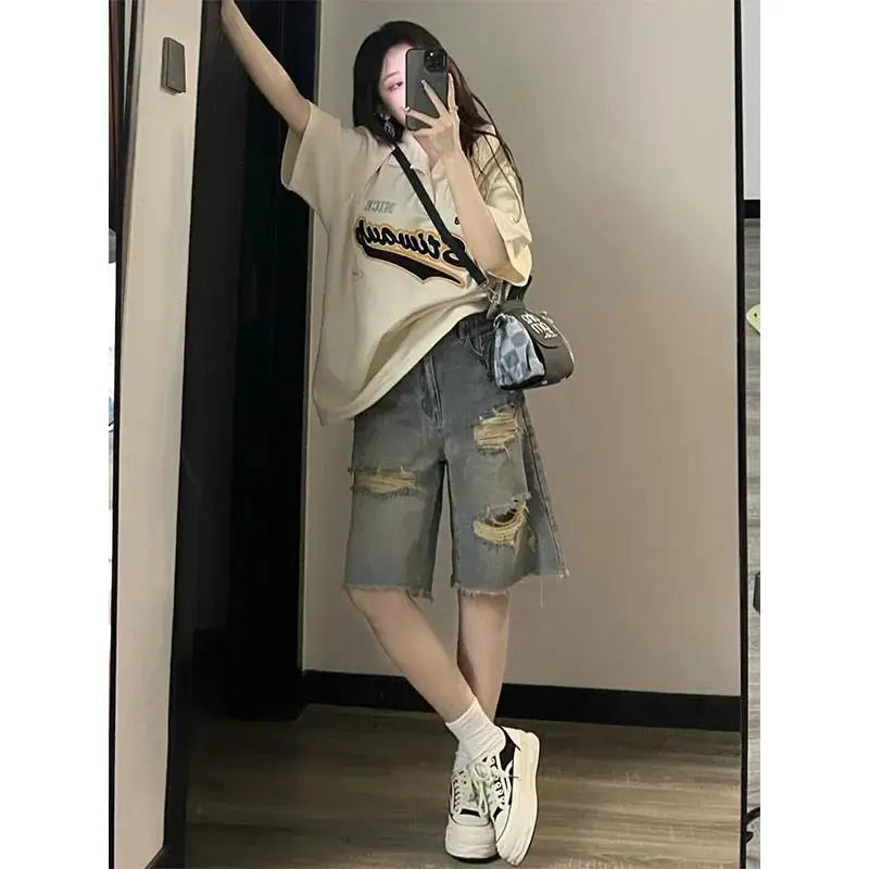 Women's Denim Capris Distressed Fringe Straight Cut Jeans