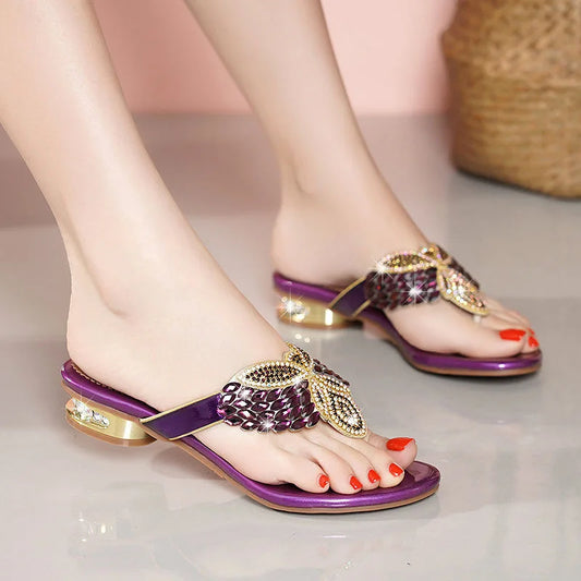 Water Diamond Slippers for Women Summer Outwear Bohemian Beach Shoes Low Heel Holiday Flip Flops Sandals