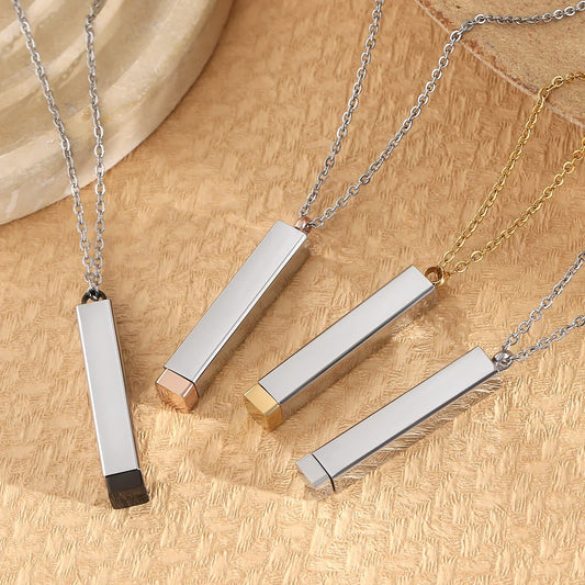 Classic Hidden Rectangle Pendant Necklace For Men Stainless Steel Minimalist Waterproof 3D Vertical Bar Necklaces Jewelry Gift