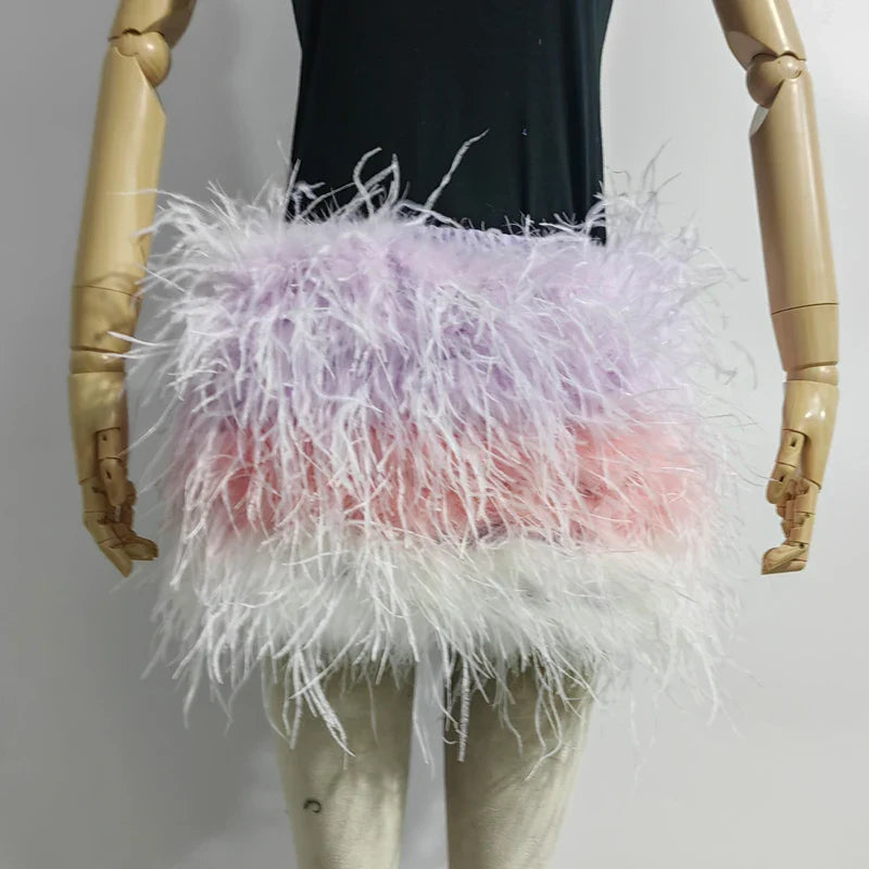 True ostrich feather Multicolor Mini Skirt Elastic Waist  Sexy Clothing Club Party Dance Rave Short Skirt Note select 3 colors