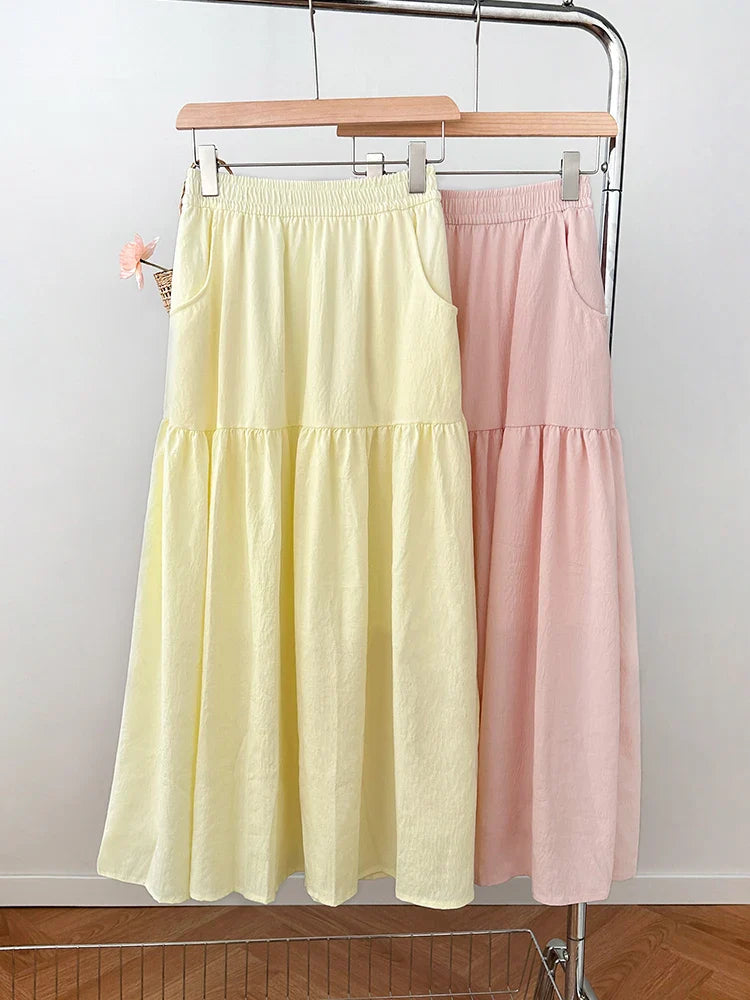 Women's Summer Effortless Chic Midi Skirt - Korean Flowy Big Hem Voluminous Ruffle Cake Skirt