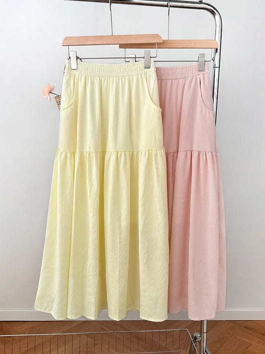 Women's Summer Effortless Chic Midi Skirt - Korean Flowy Big Hem Voluminous Ruffle Cake Skirt
