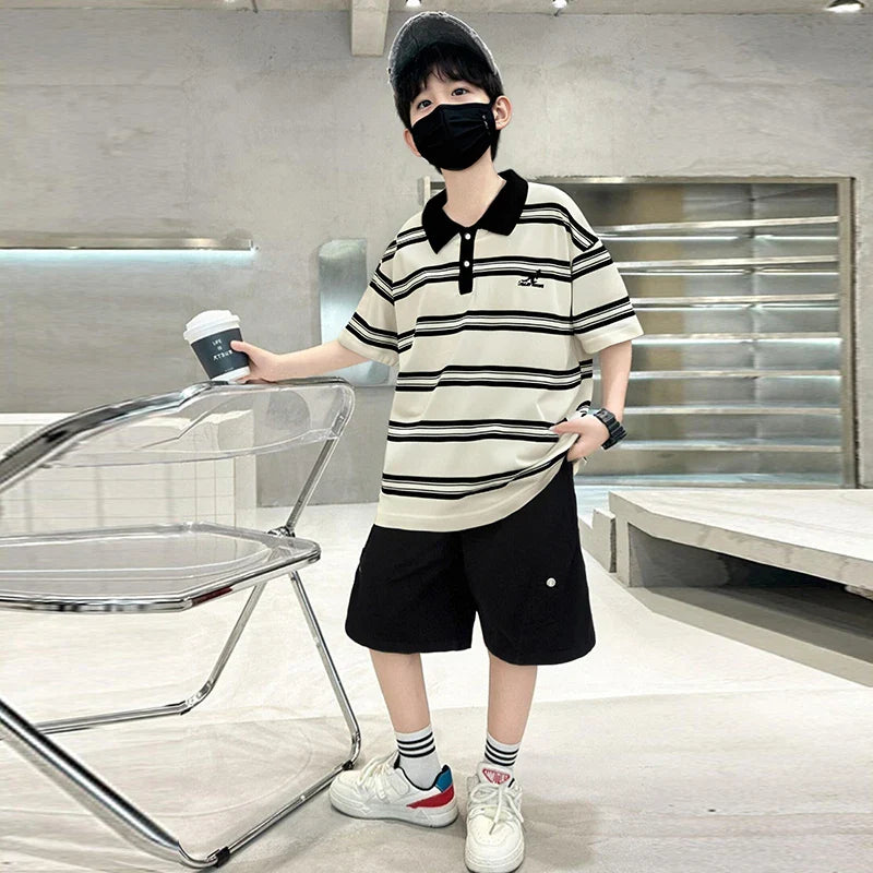 2025 New Kids Boys Cotton Top and Bottom Clothing Set for Child Stripe Polo Shirt + Shorts Two Pieces Summer Outfit Clothes Set