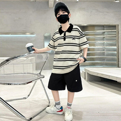 2025 New Kids Boys Cotton Top and Bottom Clothing Set for Child Stripe Polo Shirt + Shorts Two Pieces Summer Outfit Clothes Set