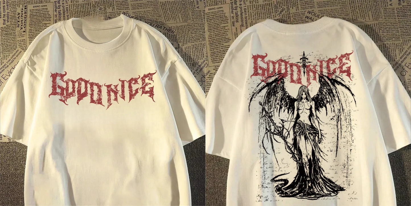 2025 New Heavy Short-sleeved T-shirt American Retro Sword-wielding Angel Printed Short-sleeved Men's and Women's Loose Top
