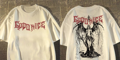 2025 New Heavy Short-sleeved T-shirt American Retro Sword-wielding Angel Printed Short-sleeved Men's and Women's Loose Top