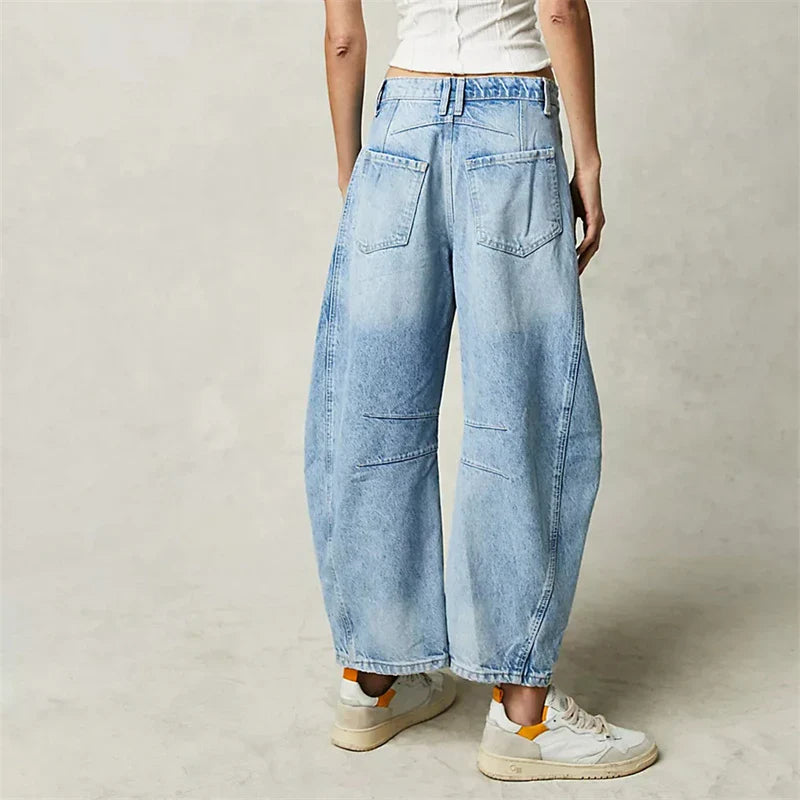 High Stretch Mid-Rise Barrel Jeans Fashion wide Leg Shape Women Casual Baggy Mid Waist Denim Jeans