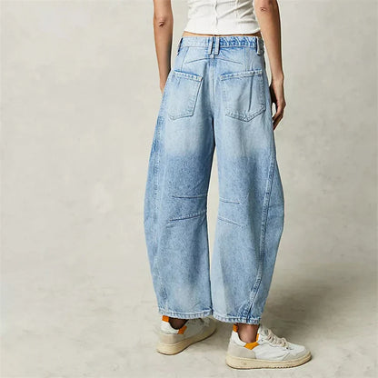 High Stretch Mid-Rise Barrel Jeans Fashion wide Leg Shape Women Casual Baggy Mid Waist Denim Jeans