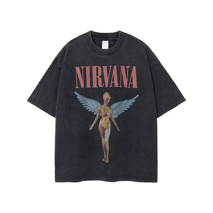 Nirvana rock band men's Retro cotton Washed Tee In Utero album man Women's oversized Y2K distress Tshirt Casual Loose streetwear