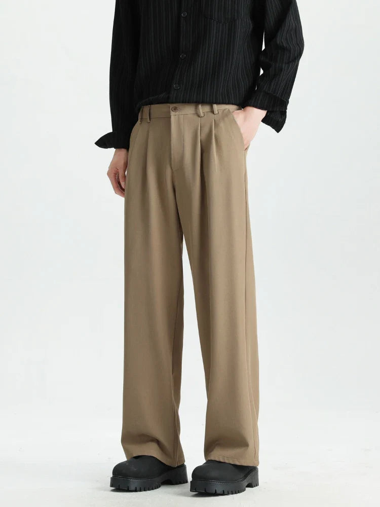 Spring New Loose Straight Pants Men Elastic Waist Double Pleats Wide Legs Casual Drape Fashionable Anti-wrinkle Trousers