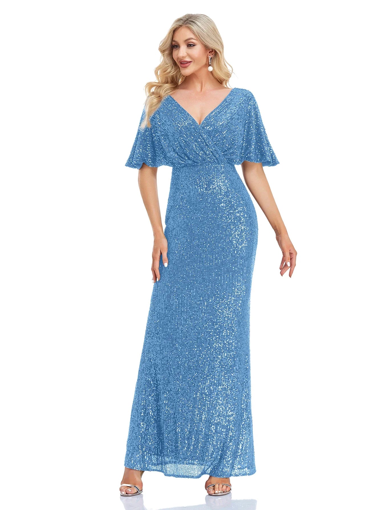 Women Elegant V-neck Luxury Evening Dress Sexy Sequin Mermaid Dress Floor Lenght Prom Blue Party Dress vestido